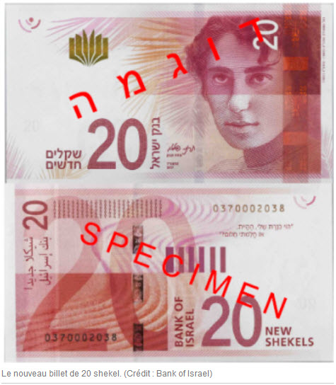 Le nouveau billet de 20 shekel. (Crédit : Bank of Israel)